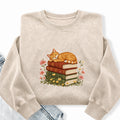 Embroidered Cat Sleeping On Books Washed Crewneck Sweatshirt