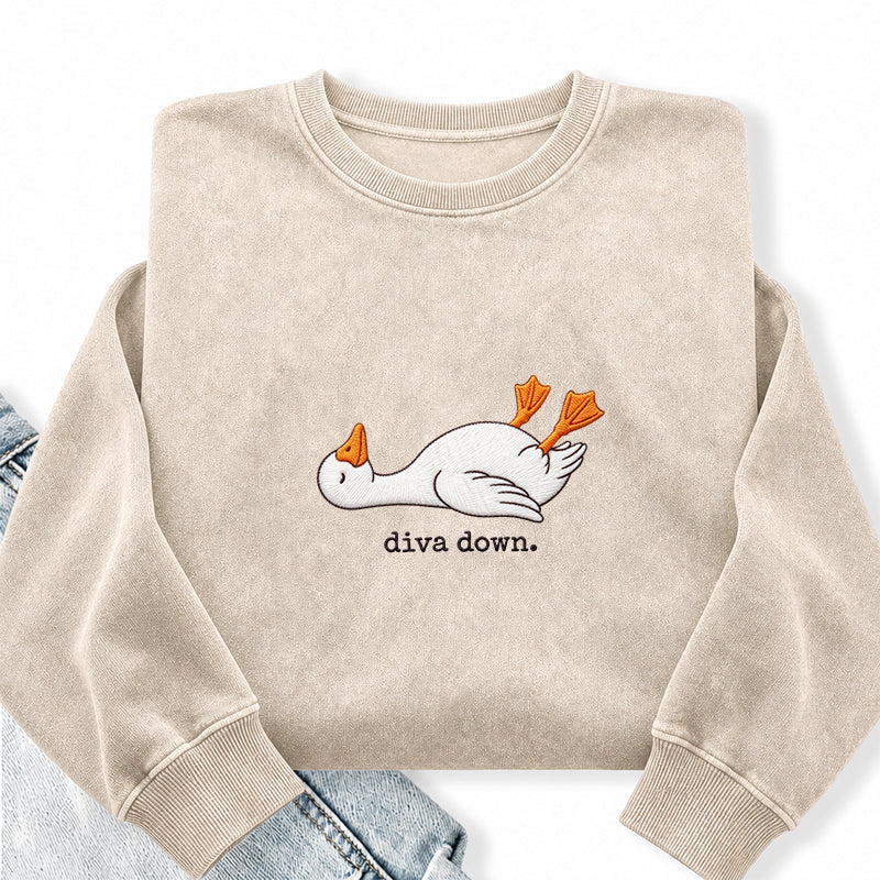 Embroidered Diva Down Goose Washed Crewneck Sweatshirt