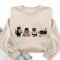 Embroidered Reading Black Cat Washed Crewneck Sweatshirt
