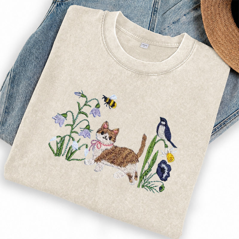 Embroidered Cat Wildflower Washed Crew Neck T-Shirt