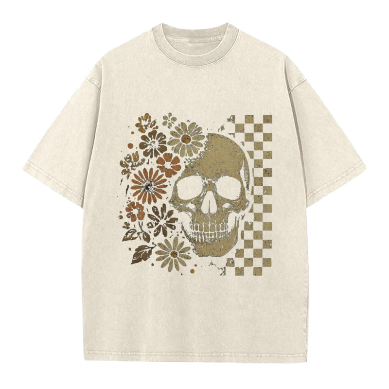 Vinatge Floral Skull Checkboard Washed Crew Neck T-Shirt