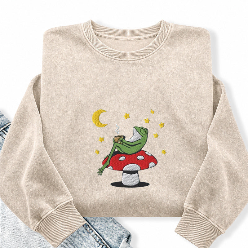 Embroidered Frog Night With Coffee Washed Crewneck Sweatshirt