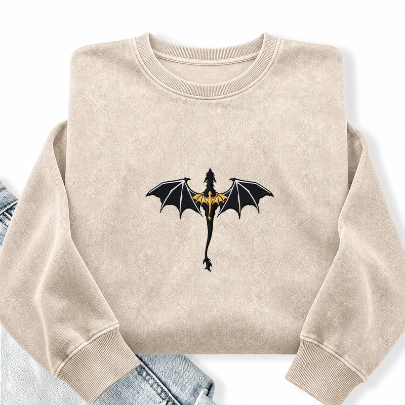 Embroidered Fantasy Book Dragon Washed Crewneck Sweatshirt