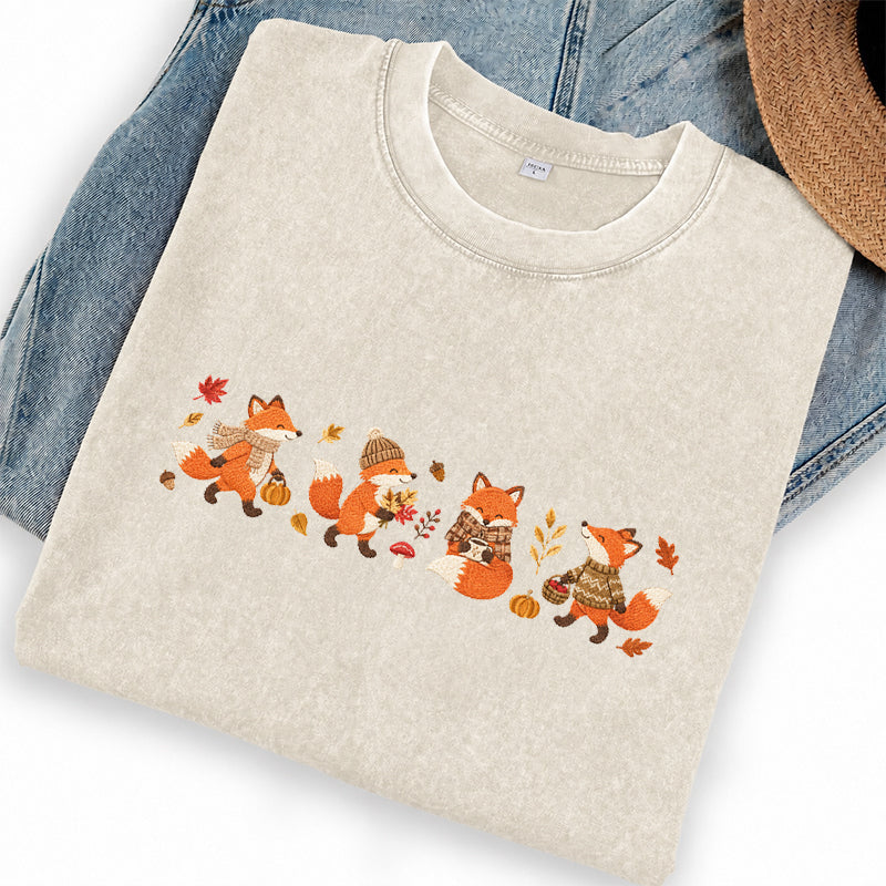 Embroidered Fall Fox Washed Crew Neck T-Shirt