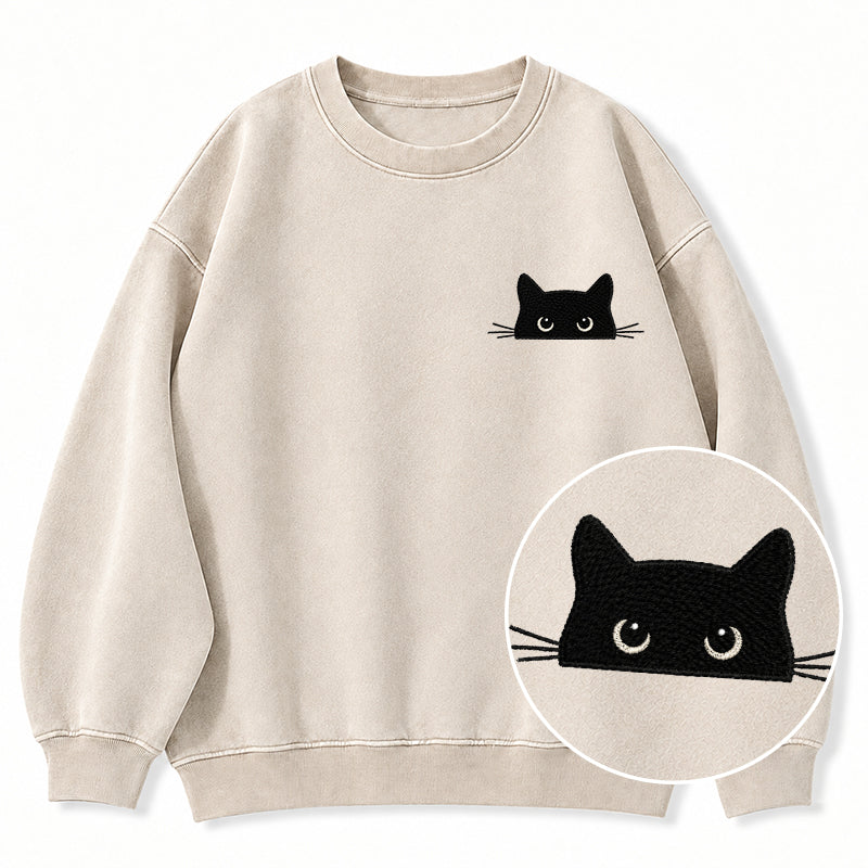 Embroidered Peeking Black Cat Washed Crewneck Sweatshirt