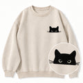 Embroidered Peeking Black Cat Washed Crewneck Sweatshirt