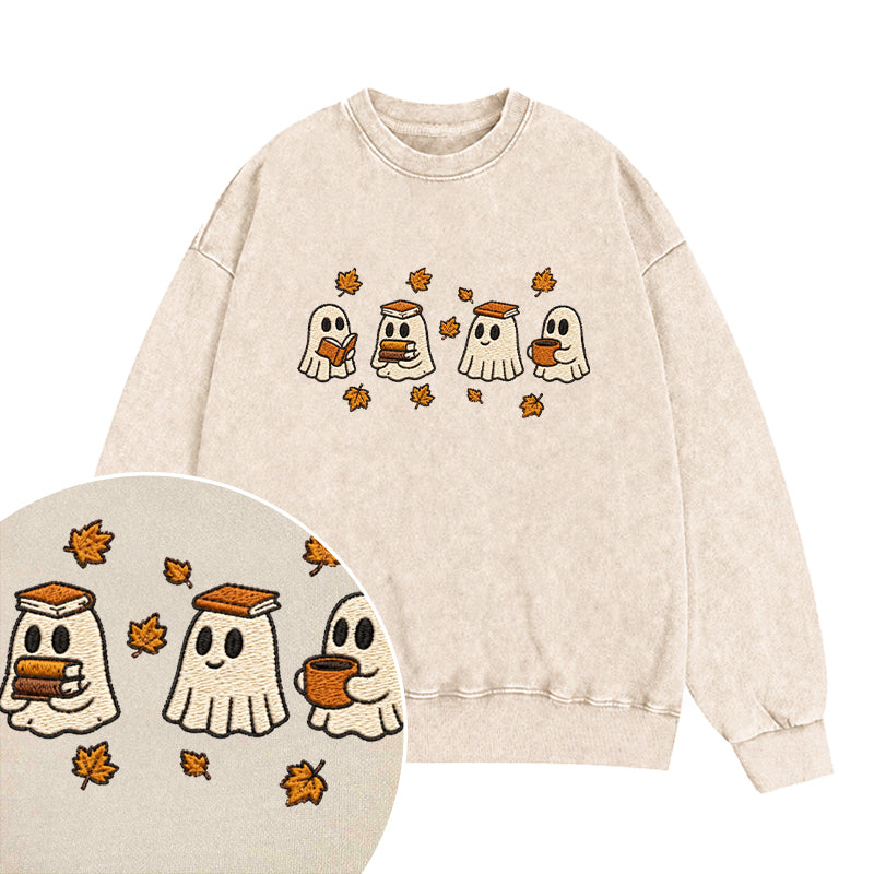 Embroidered Autumn Bookish Ghost Washed Crewneck Sweatshirt