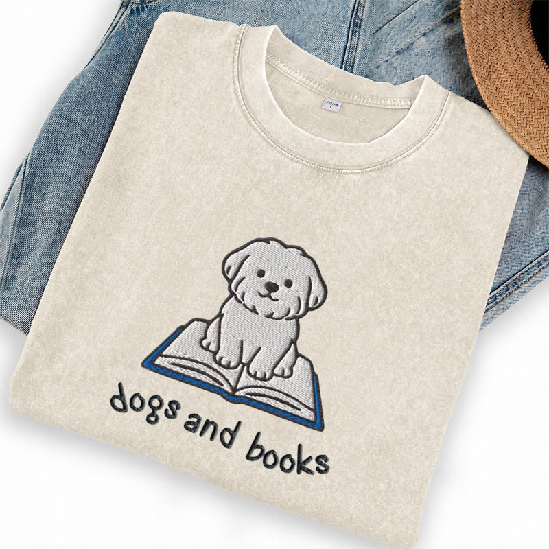 Embroidered Dogs and Books Washed Crew Neck T-Shirt