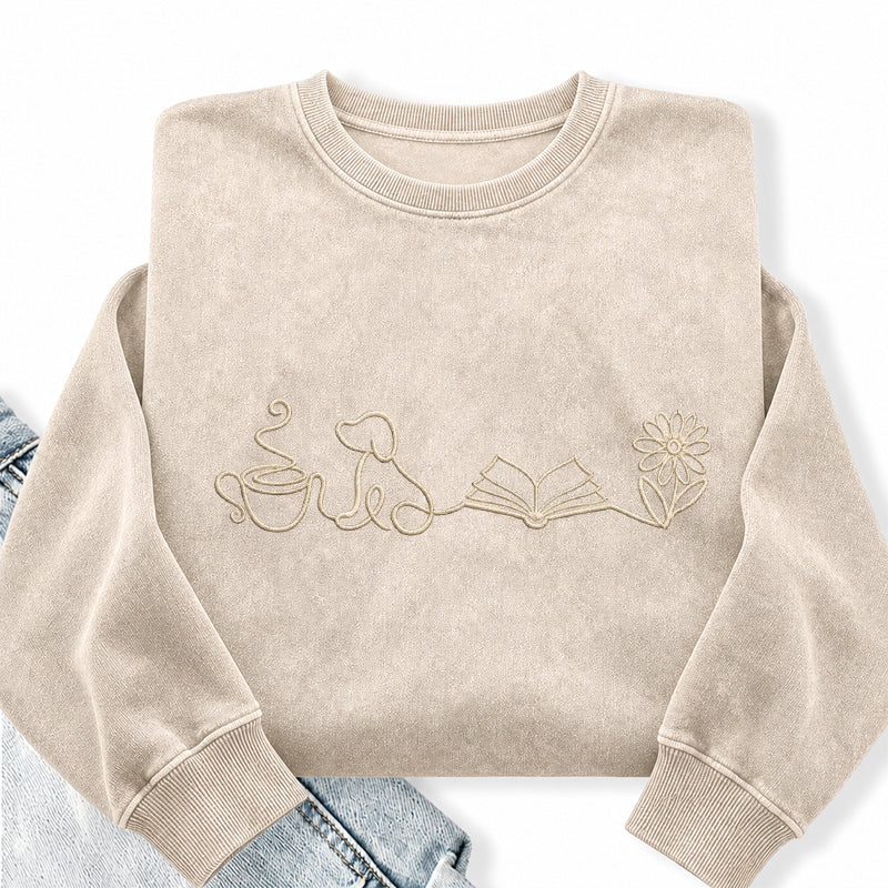 Embroidered Coffee Dog Book Flowers Washed Crewneck Sweatshirt