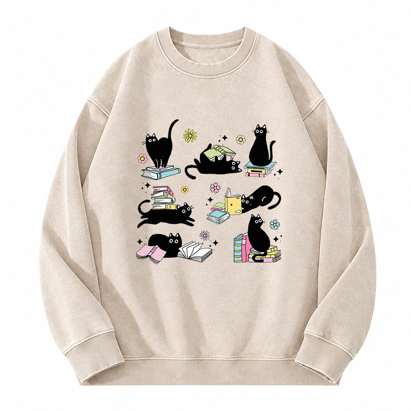 Book And Black Cats Washed Crewneck Sweatshirt