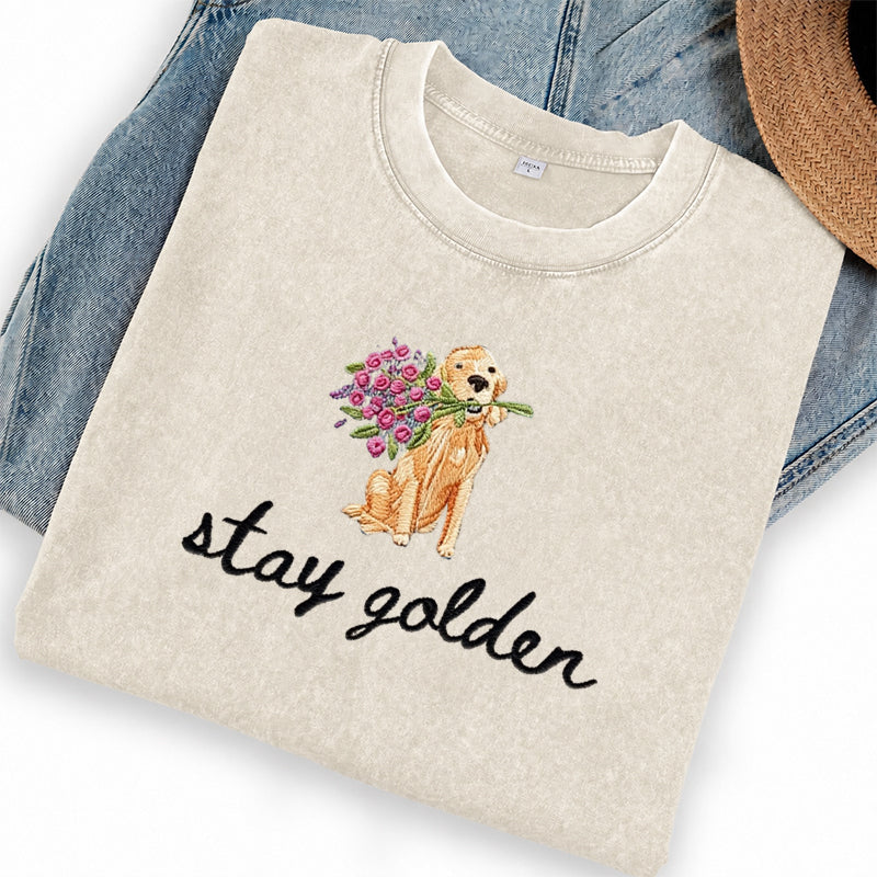 Embroidered Stay Golden Washed Crew Neck T-Shirt