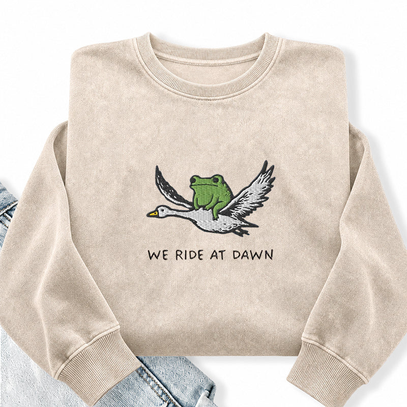 Embroidered We Ride At Dawn Frog Washed Crewneck Sweatshirt