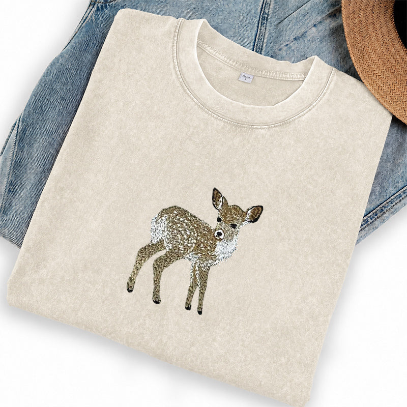 Embroidered Forest Deer Washed Crew Neck T-Shirt
