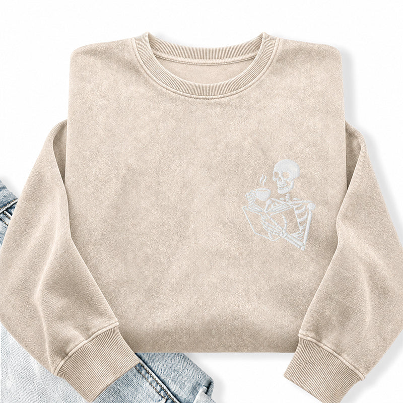 Embroidered Skeleton Coffee And Books Washed Crewneck Sweatshirt