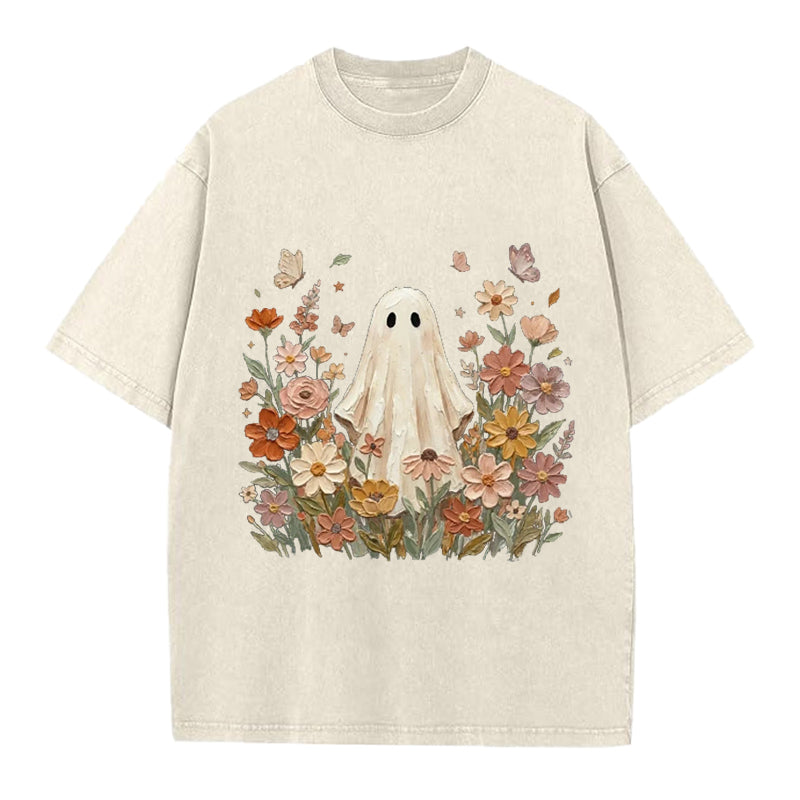 Vintage Ghost With Flowers Washed Crew Neck T-Shirt