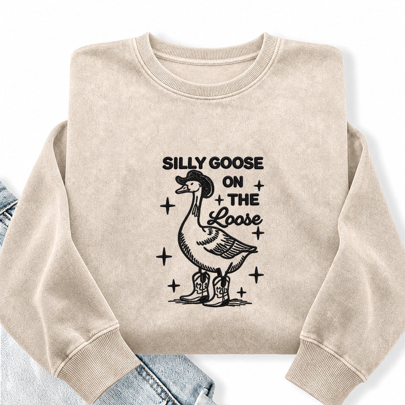 Embroidered Cowboy Silly Goose On The Loose Washed Crewneck Sweatshirt