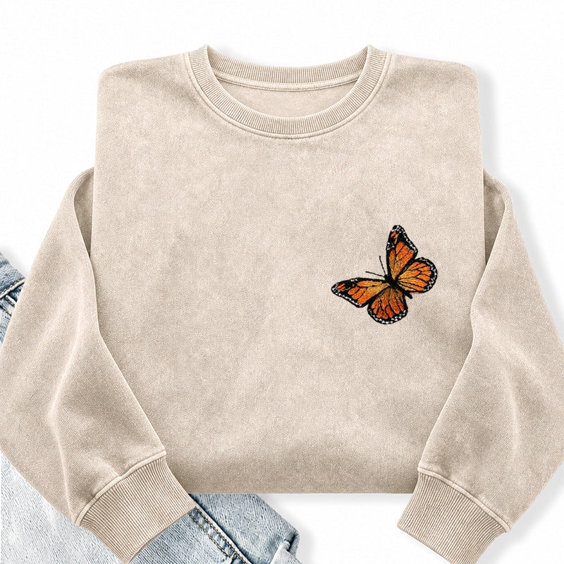 Embroidered Monarch Butterfly Washed Crewneck Sweatshirt