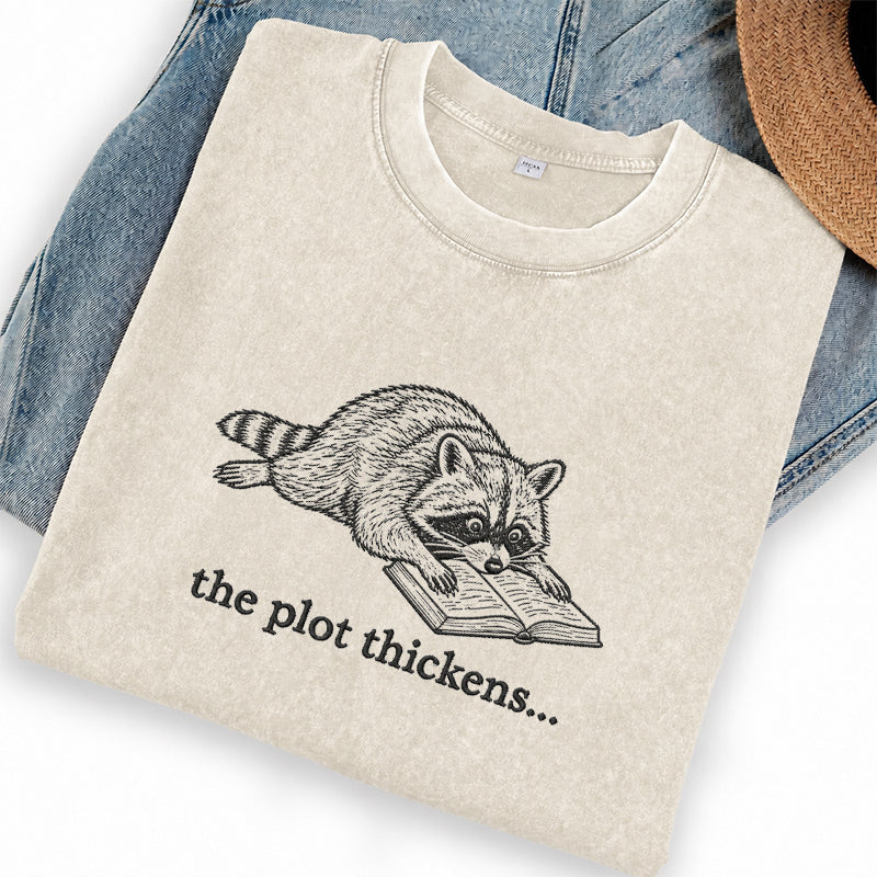 Embroidered The Plot Thickens Reading Raccoon Washed Crew Neck T-Shirt