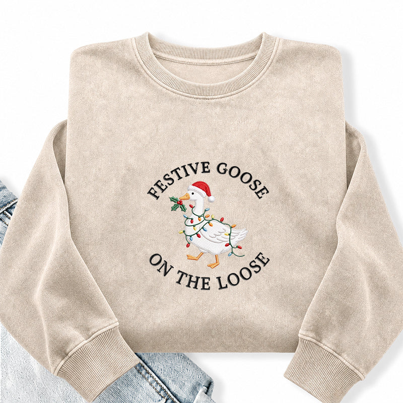 Embroidered Festive Goose On The Loose Washed Crewneck Sweatshirt