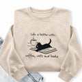 Embroidered Life Is Better With Coffee Book Cat Washed Crewneck Sweatshirt