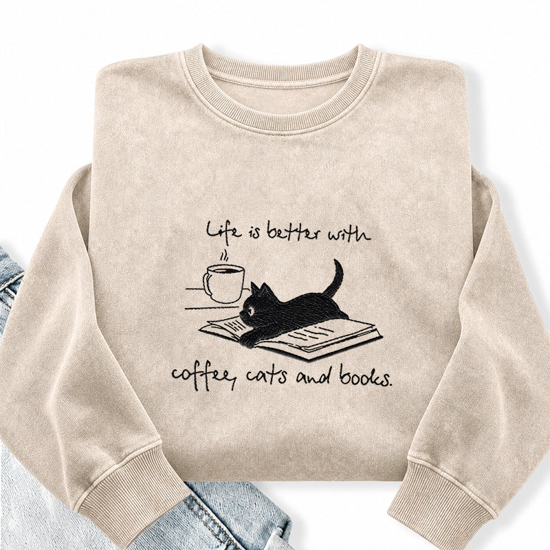 Embroidered Life Is Better With Coffee Book Cat Washed Crewneck Sweatshirt