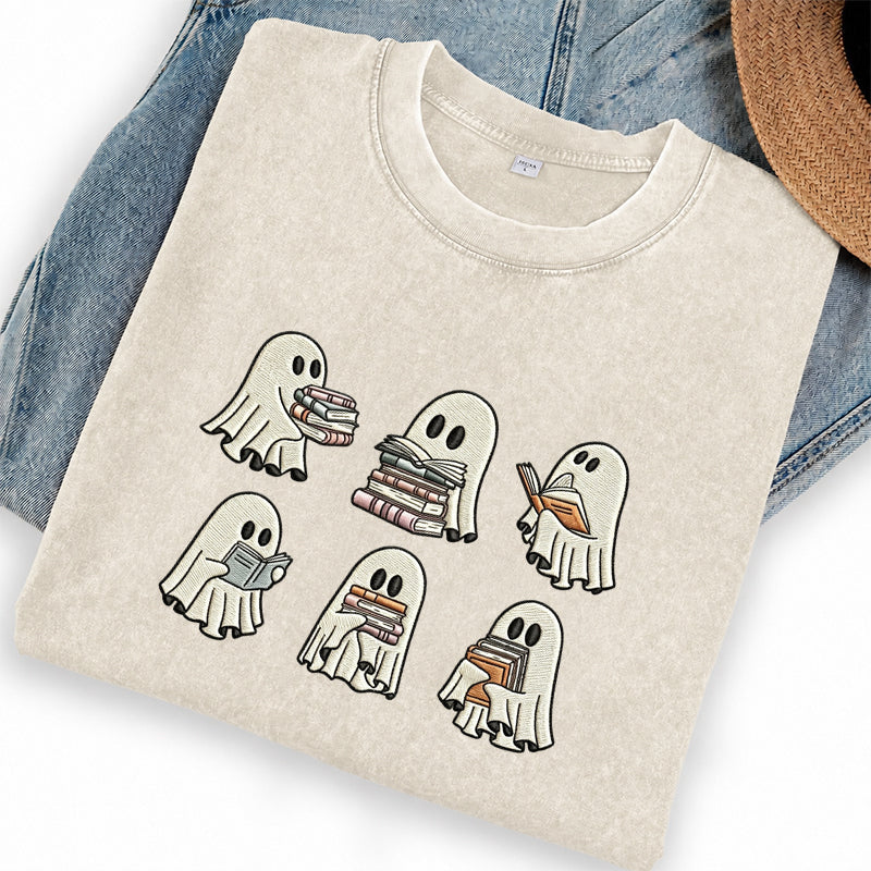 Embroidered Halloween Ghost Book Washed Crew Neck T-Shirt