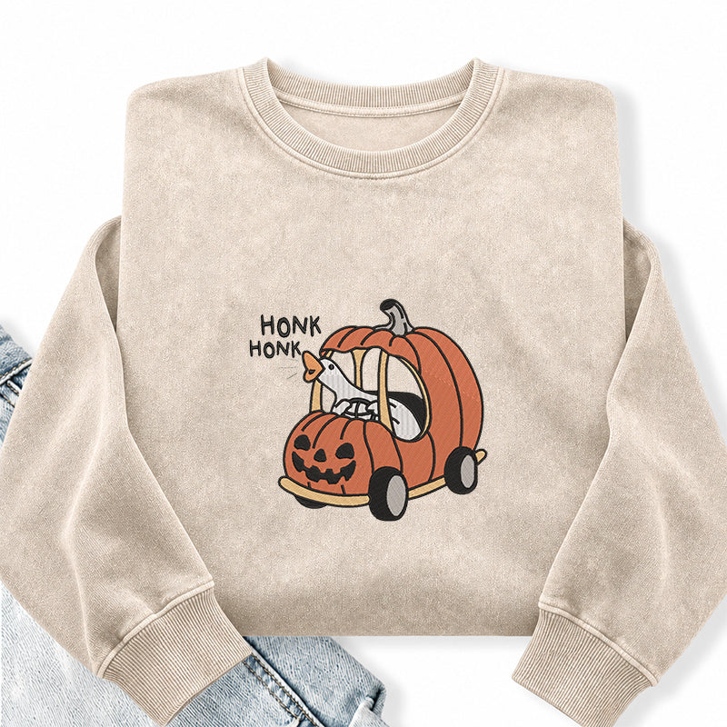 Embroidered Halloween Goose Honk Washed Crewneck Sweatshirt