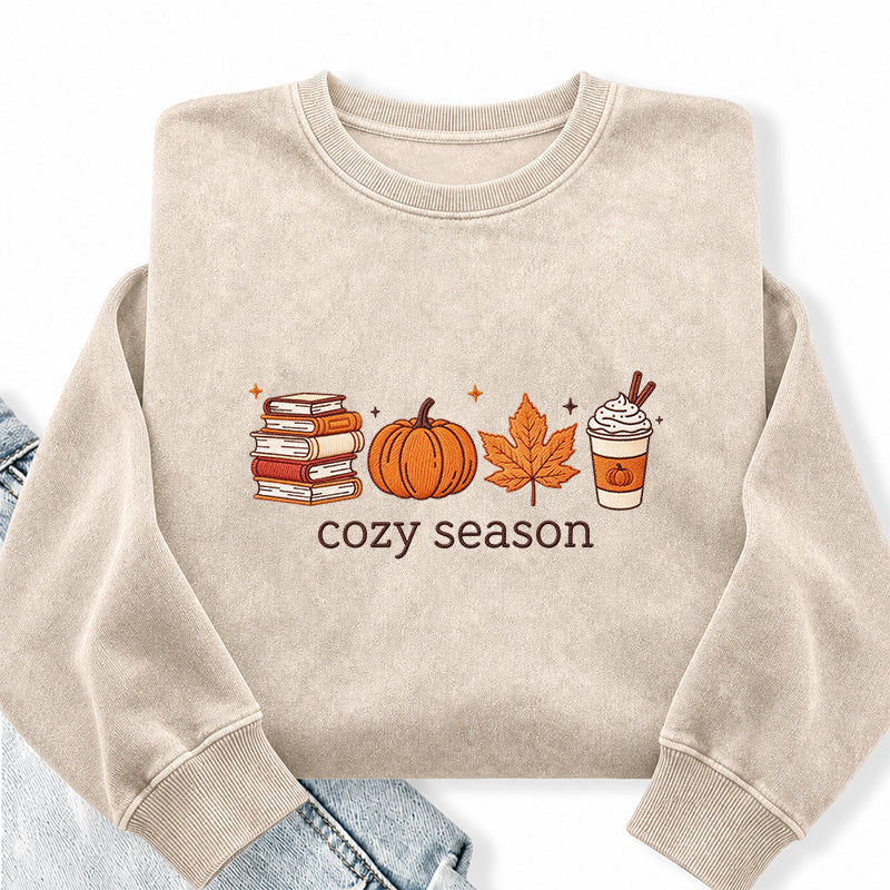 Embroidered Cozy Seasons Book Lover Washed Crewneck Sweatshirt