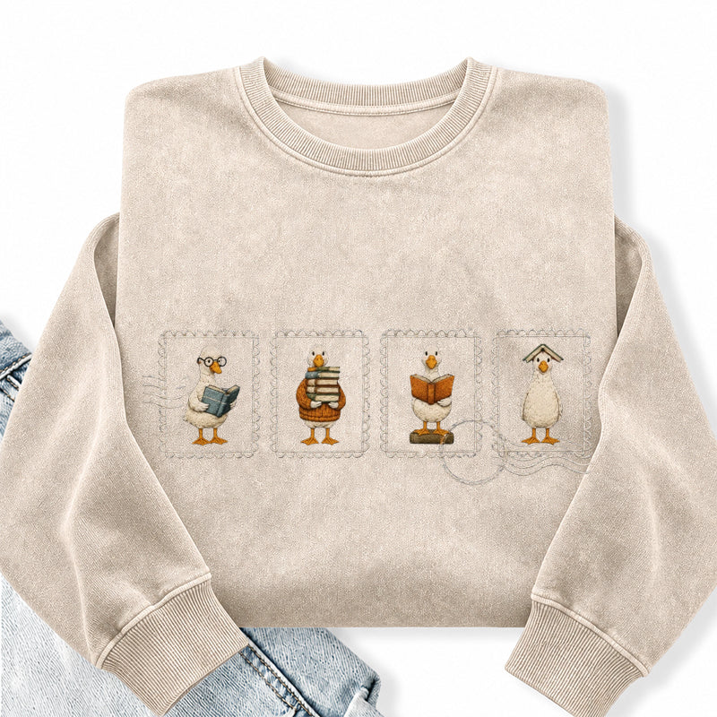 Embroidered Silly Goose Reading Washed Crewneck Sweatshirt