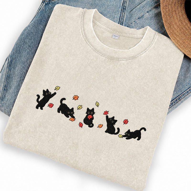 Embroidered Fall Leaves Black Cats Washed Crew Neck T-Shirt