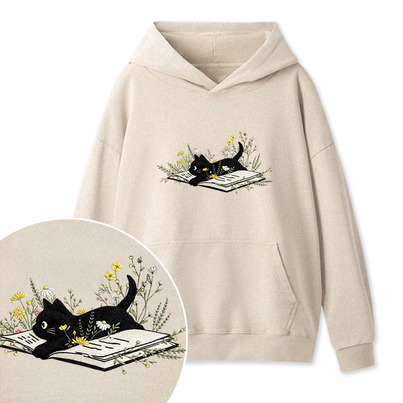 Embroidered Floral Book Cats Washed Hoodie