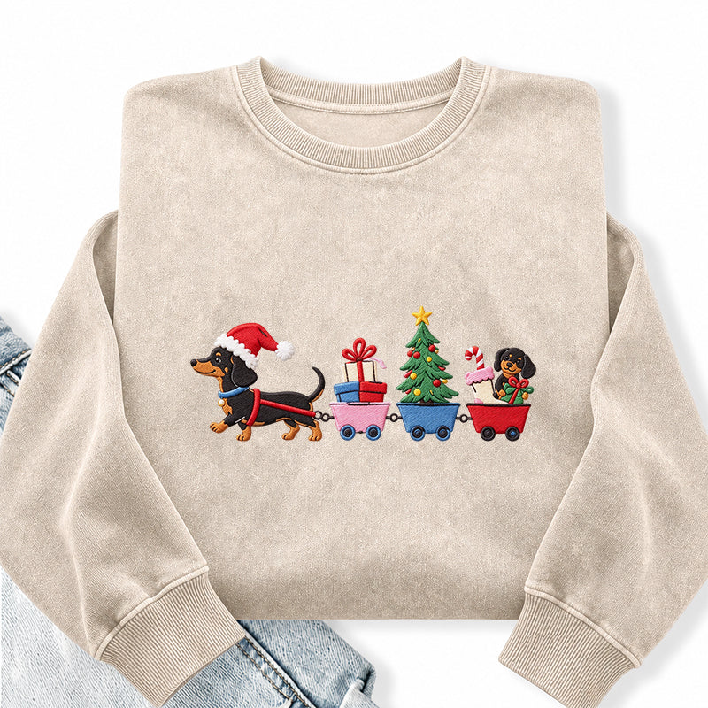 Embroidered Christmas Dachshund Washed Crewneck Sweatshirt