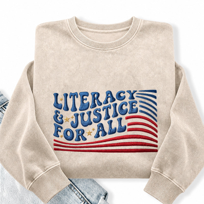 Embroidered Literacy And Justice For All Washed Crewneck Sweatshirt