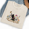 Embroidered Autumn Black Cat Book Washed Crew Neck T-Shirt