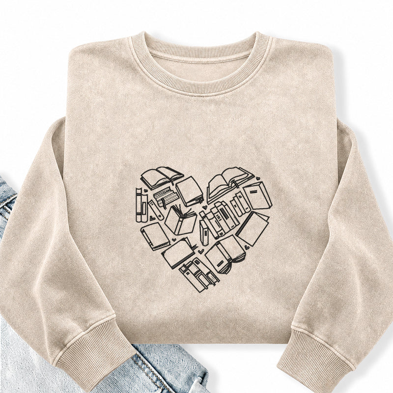 Embroidered Book Heart Washed Crewneck Sweatshirt