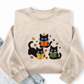 Embroidered Fall Black Cat Reading Books Washed Crewneck Sweatshirt