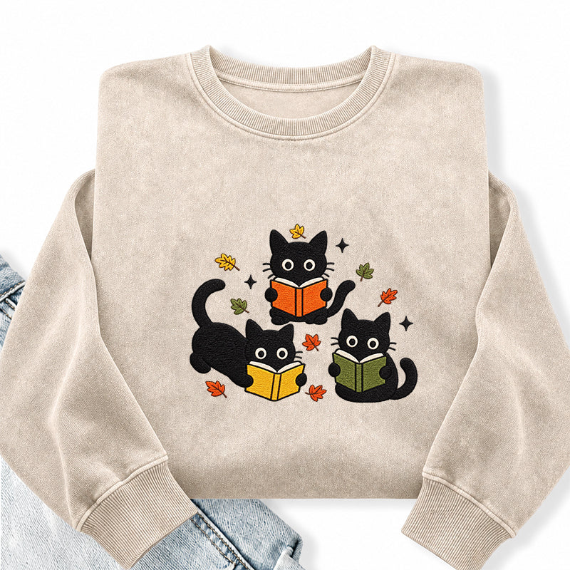 Embroidered Fall Black Cat Reading Books Washed Crewneck Sweatshirt