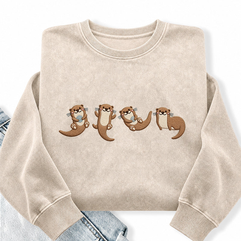 Embroidered Cute Otters Washed Crewneck Sweatshirt