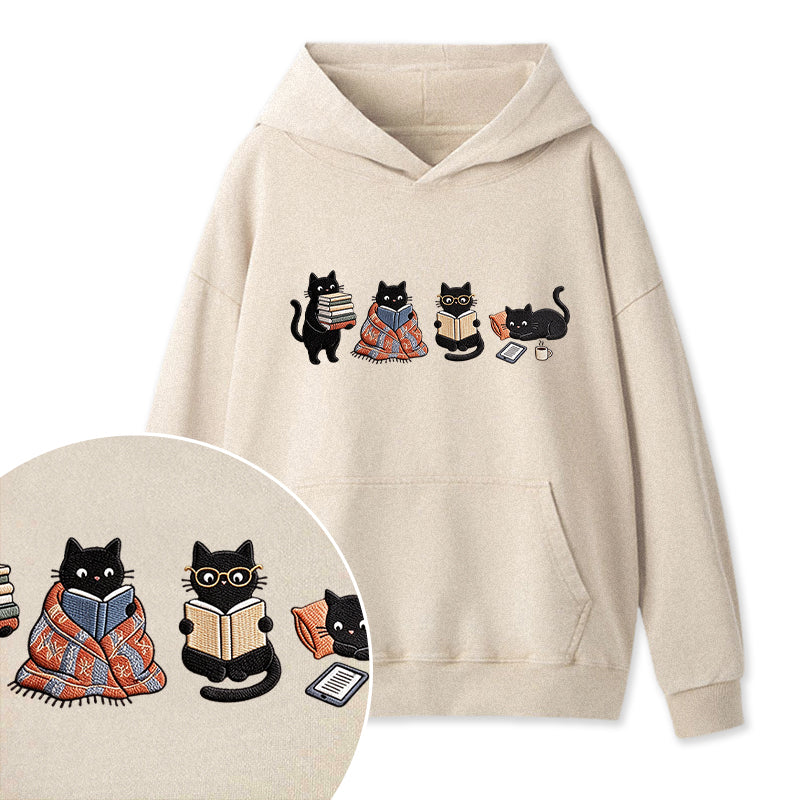 Embroidered Bookish Black Cats Washed Hoodie