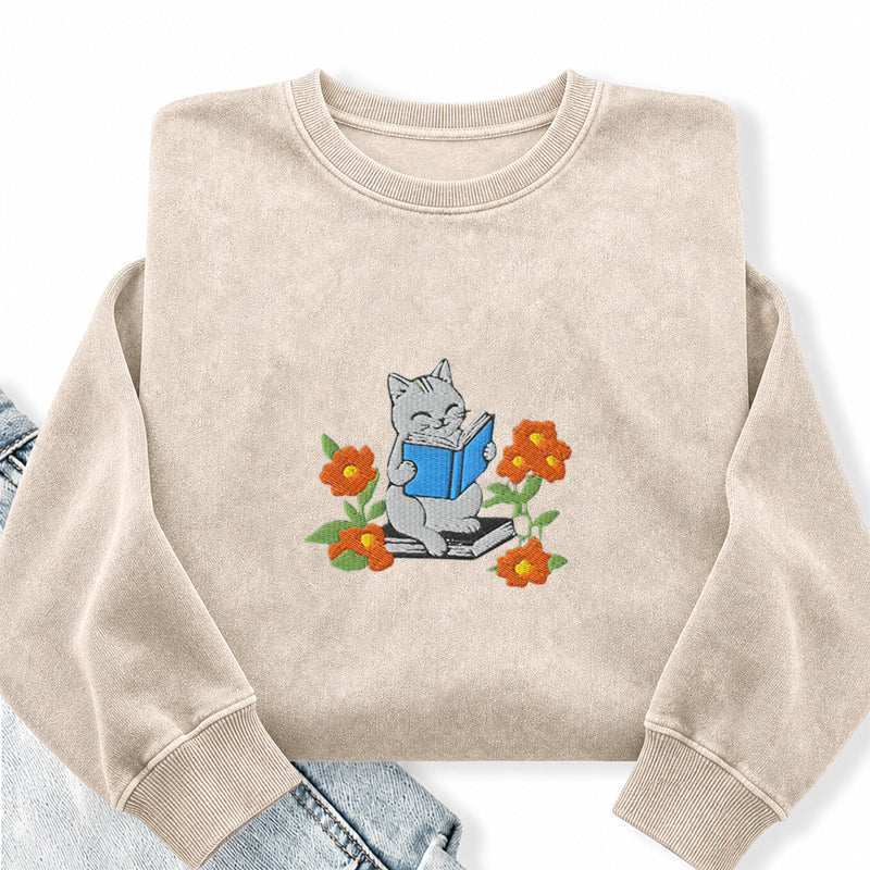 Embroidered Floral Bookish Cat Washed Crewneck Sweatshirt