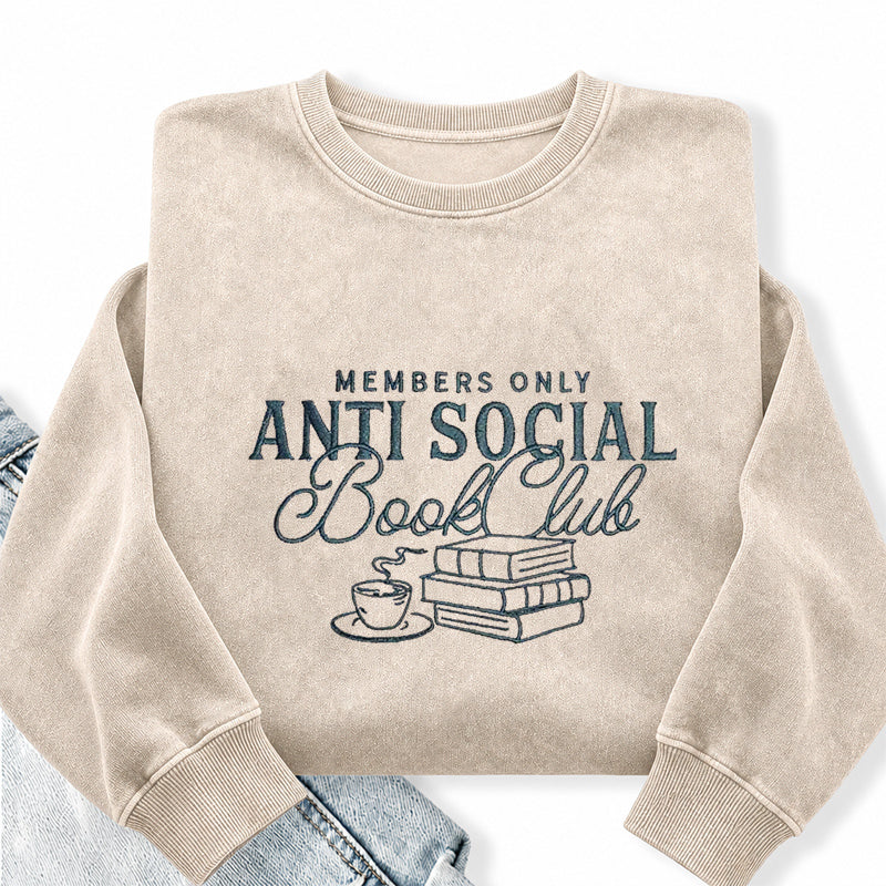 Embroidered Anti-Social Book Club Washed Crewneck Sweatshirt