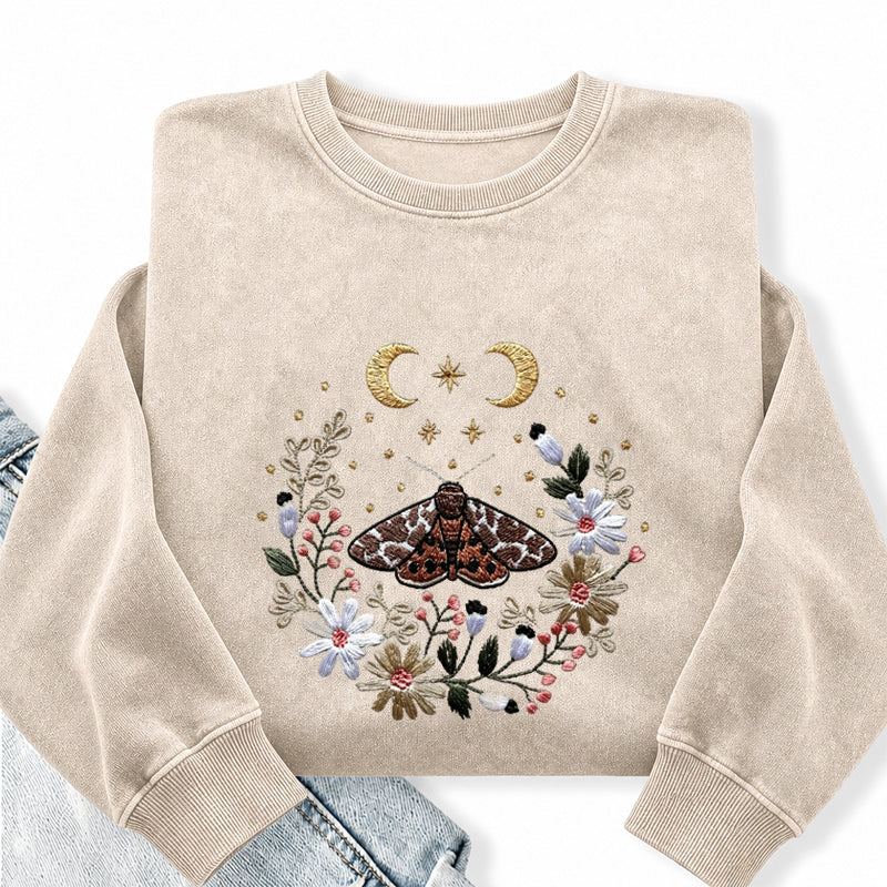 Embroidered Cottagecore Moth Washed Crewneck Sweatshirt