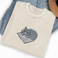 Embroidered Cat On Book Washed Crew Neck T-Shirt