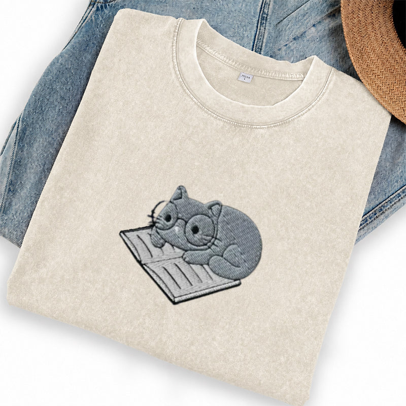 Embroidered Cat On Book Washed Crew Neck T-Shirt