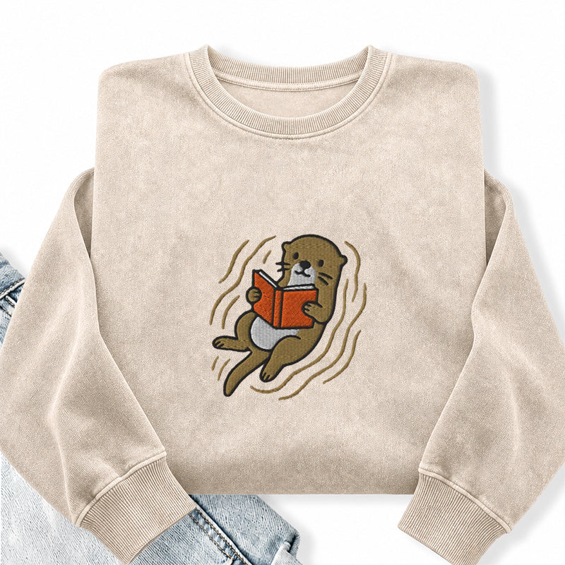 Embroidered Otter Read Book Washed Crewneck Sweatshirt