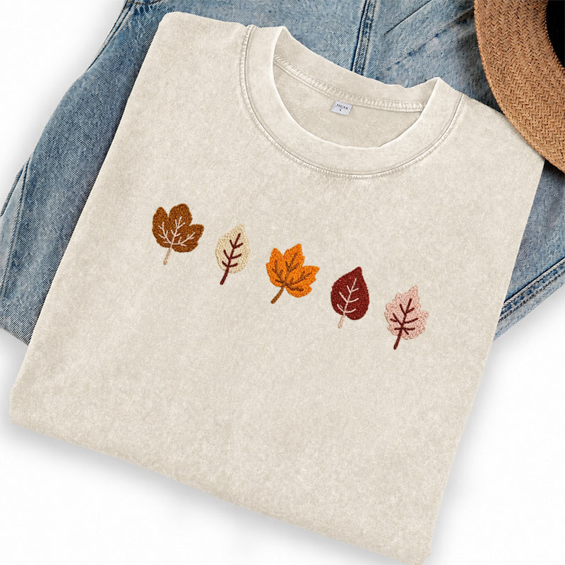 Embroidered Fall Leaves Washed Crew Neck T-Shirt