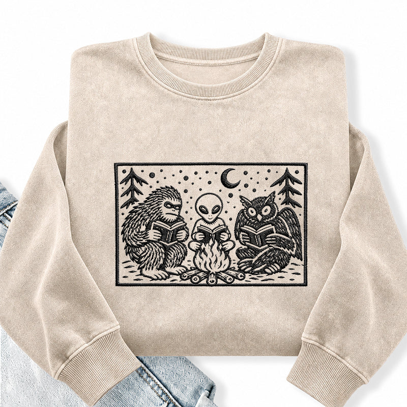 Embroidered Cryptid Book Club Washed Crewneck Sweatshirt