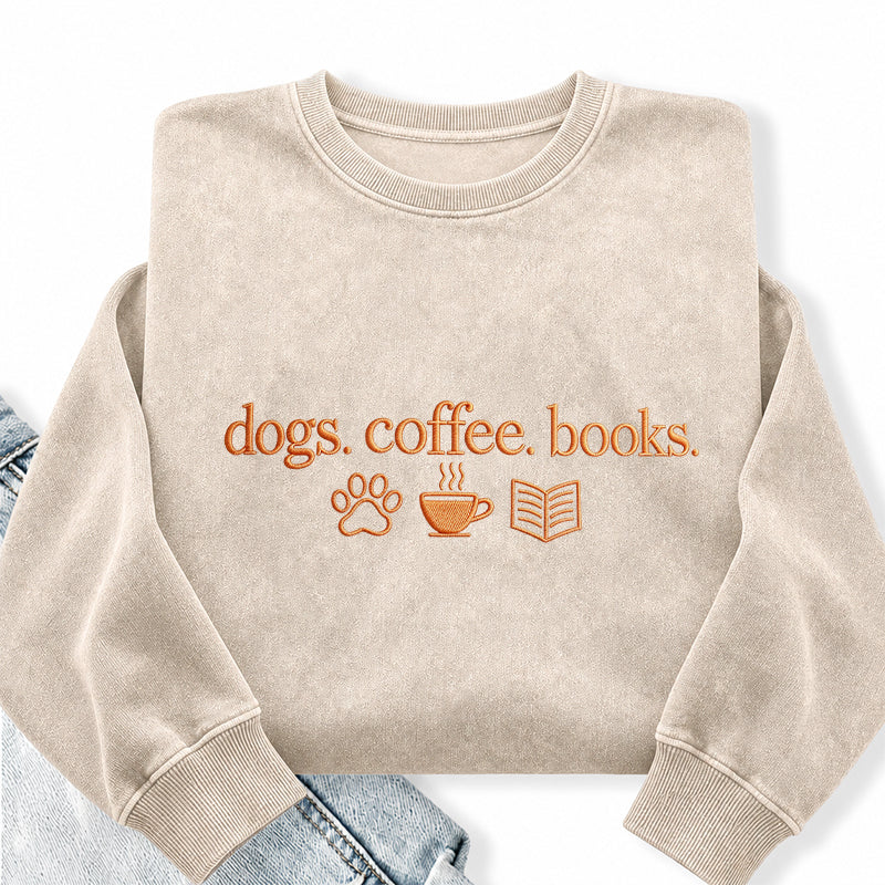 Embroidered Dogs Coffee Books Washed Crewneck Sweatshirt