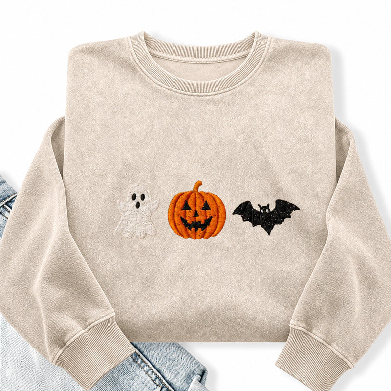 Embroidered Holloween Ghost Pumpkin Bat Washed Crewneck Sweatshirt