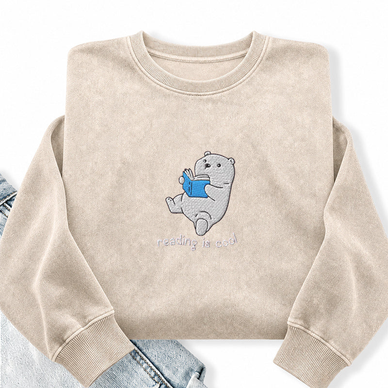 Embroidered Reading Is Cool Polar Bear Washed Crewneck Sweatshirt